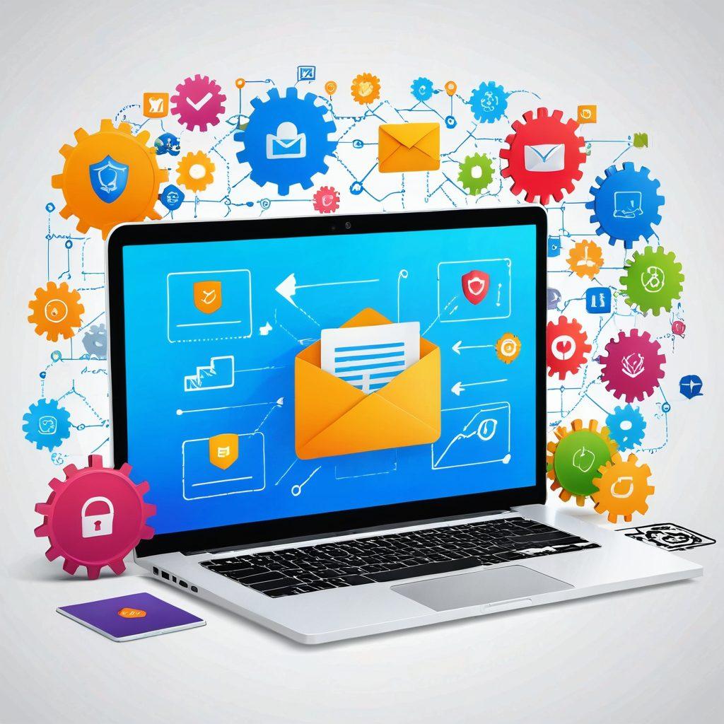 A modern, busy workspace with a sleek laptop displaying an email interface, surrounded by icons representing various email verification tools and services like checkmarks, padlocks, and gear symbols. Background includes faint imagery of secure servers and network connections to emphasize reliability. vector art. vibrant colors. white background.